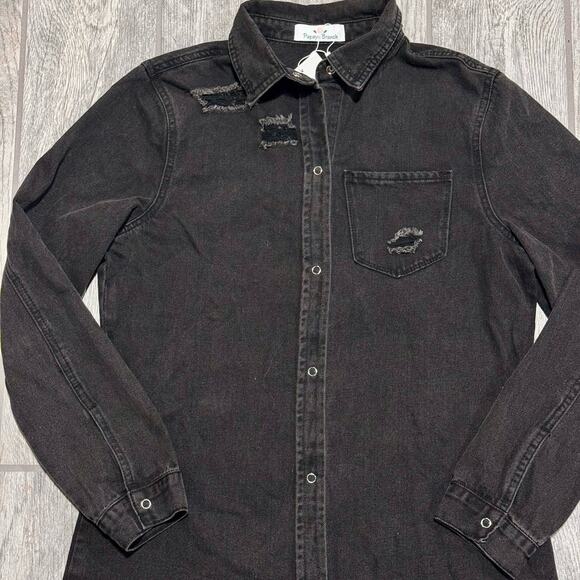 Papaya Branch Distressed Shacket‎ NWT Black size Medium Snap Front - Picture 15 of 16